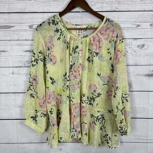 Parsley Sage Shirt Top Womens Medium Yellow Floral Peasant Crinkle Flowy Garden